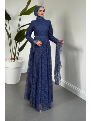 Tesettür Diyarı Zelal Kuşaklı Dantel Tesettür Abiye- Indigo