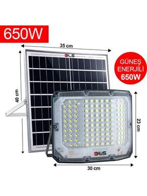 Dls 650W Güneş Enerjili Solar LED Projektör Harici Solar Panelli, 5 Metre Kablolu, Hareketli Konsollu 505-650
