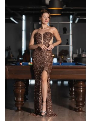 Straplez Bacak Dekolteli Uzun Pullu Balık Abiye ABU4790