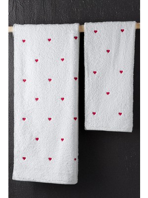 Kırmızı Kalpli Havlu Seti Hamam Seti – 50X90 ve 70X140 cm Banyo Havlu Takımı