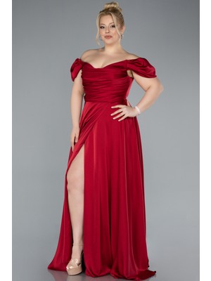 Kayık Yaka Yırtmaçlı Uzun Saten Büyük Beden Abiye ABU4576