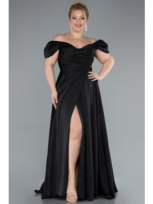 Kayık Yaka Yırtmaçlı Uzun Saten Büyük Beden Abiye ABU4576