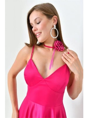 Dip Moda Dipmoda Kadın Saten Askılı Gül Detaylı Abiye Elbise DPS9353