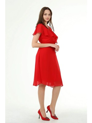 Dip Moda Dipmoda Kadın Kruvaze Yaka Bağlama Detaylı Yeni Sezon Şifon Elbise DP8081