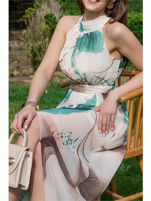 Dip Moda Özel Tasarım Halter yaka astarlı maxi şifon elbise DPMY3242