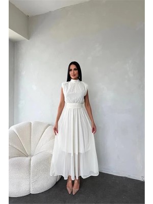 Dip Moda Dipmoda kadın kuşağı taş detaylı midi şifon elbise DPMY3509