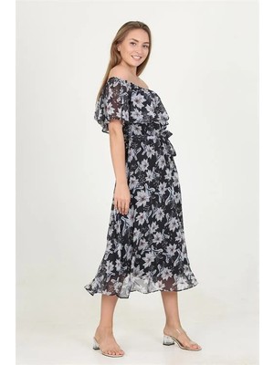 Dip Moda Dipmoda Kadın Madonna Yaka Kuşaklı Desenli Şifon Elbise RY10037