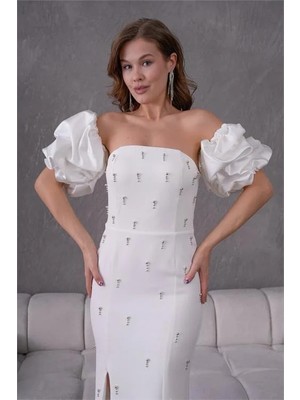 Dip Moda Kadın puffy kol taşlı davet elbisesi DPS9377
