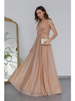 Dip Moda Dipmoda Kadın Gold Drapeli Tül Abiye Elbise DP2030