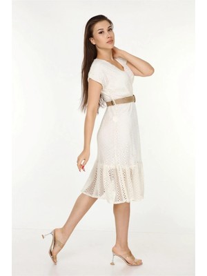 Dip Moda Kadın kruvaze yaka kemer detaylı yazlık elbise DK0001