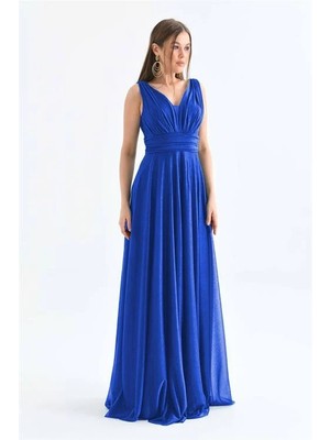 Dip Moda Dipmoda Kadın Saks Mavisi V Yaka Simli Tül Abiye Elbise DPS9223