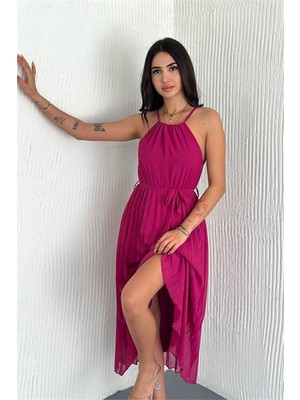 Dip Moda Dipmoda kadın kuşaklı midi boy askılı şifon elbise DPK4207