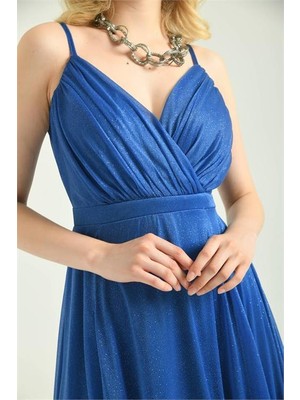 Dip Moda Kadın Askılı Yırtmaç Detaylı Simli Uzun Abiye Elbise DPS9276