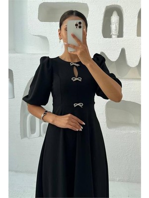 Dip Moda Kadın fiyonklu karpuz kol midi örme elbise DPMY3578