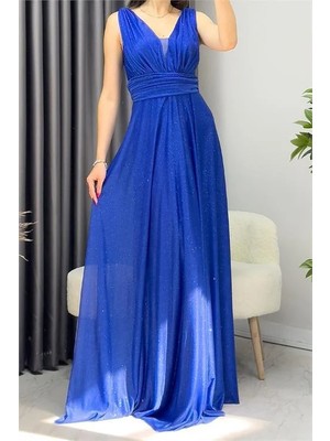 Dip Moda Kadın Saks Drapeli Tül Abiye Elbise DP2030