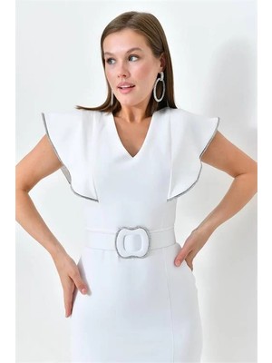 Dip Moda Dipmoda Kadın Yırtmaçlı Taş ve Kemer Detaylı Abiye Elbise DPSWLL15