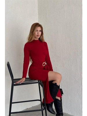 Dip Moda Dipmoda kadın kırmızı uzun kemer detaylı elbise DPK2216