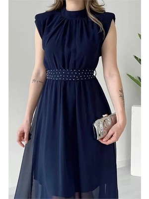 Dip Moda Dipmoda kadın kuşağı taş detaylı midi şifon elbise DPMY3509