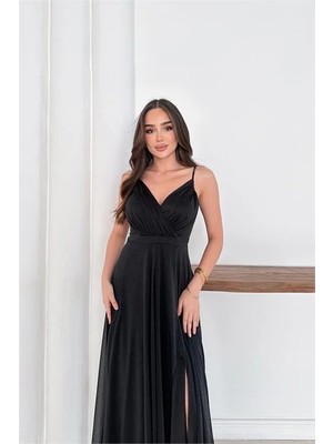 Dip Moda Kadın ayarlanabilir askılı yırtmaçlı tül abiye elbise RYS9276