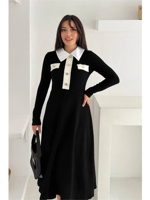 Dip Moda Kadın gold düğme detaylı midi boy elbise DPK4327