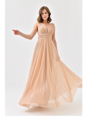 Dip Moda Dipmoda Kadın Gold V Yaka Simli Tül Abiye Elbise DPS9223