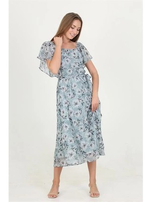 Dip Moda Dipmoda Kadın Madonna Yaka Kuşaklı Desenli Şifon Elbise RY10037