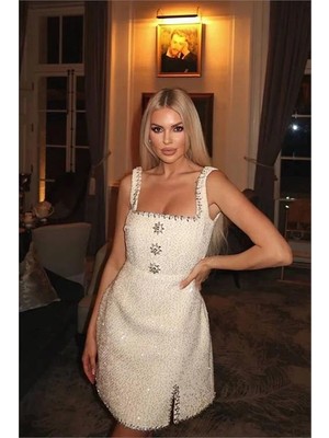 Dip Moda Kadın işlemeli şanel kumaş mini elbise DPEMP2785