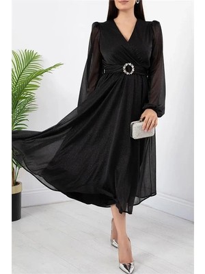 Dip Moda Dipmoda kadın kemerli midi boy astarlı sim detaylı elbise DPRY3590