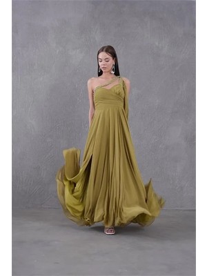 Dip Moda Kadın taş işlemeli tek omuz yırtmaçlı şifon abiye elbise DPS9368