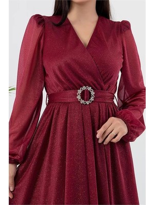 Dip Moda Dipmoda kadın kemerli midi boy astarlı sim detaylı elbise DPRY3590