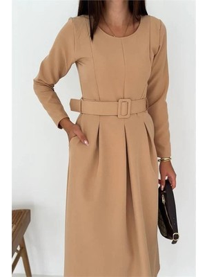 Dip Moda Kadın midi boy örme kemerli elbise DPK067