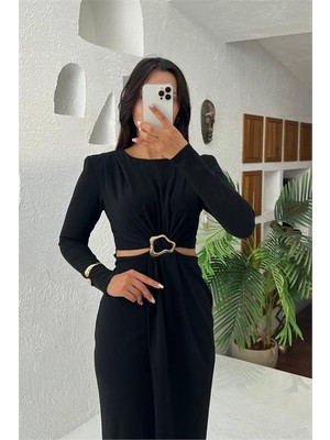 Dip Moda Kadın tokalı bel detaylı midi elbise DPMY3655