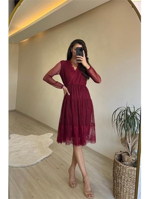 Dip Moda Kadın v yaka dantel elbise DPNM010