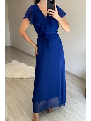 Dip Moda Kadın v yaka kol detaylı şifon uzun elbise NM008