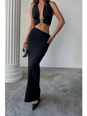 Dip Moda kadın bel detaylı yırtmaçlı elbise DPDF159