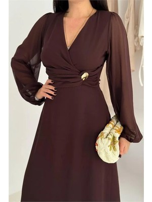 Dip Moda Kadın Bel Büzgülü Tokalı Midi Şifon Elbise DPK4329