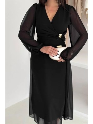 Dip Moda Kadın bel büzgülü tokalı midi şifon elbise DPK4329