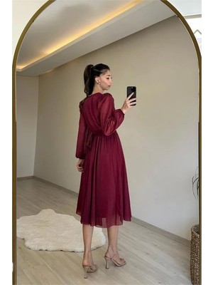 Dip Moda Kadın simli kumaş kemerli midi elbise DPNM009