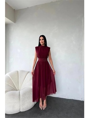 Dip Moda Dipmoda kadın kuşağı taş detaylı midi şifon elbise DPMY3509