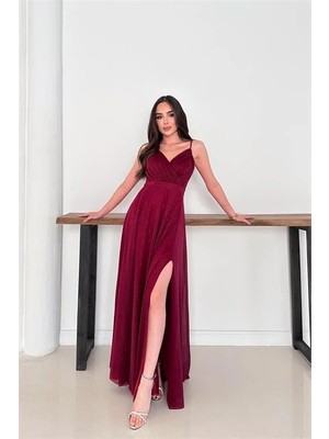 Dip Moda Kadın ayarlanabilir askılı yırtmaçlı tül abiye elbise RYS9276