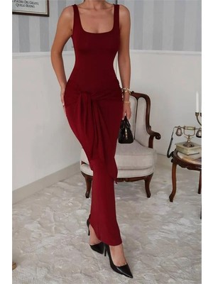 Dip Moda Dipmoda kadın bordo bağlamalı maxi boy likralı elbise DPDF075