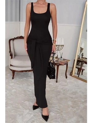 Dip Moda Dipmoda kadın siyah bağlamalı maxi boy likralı elbise DPDF075