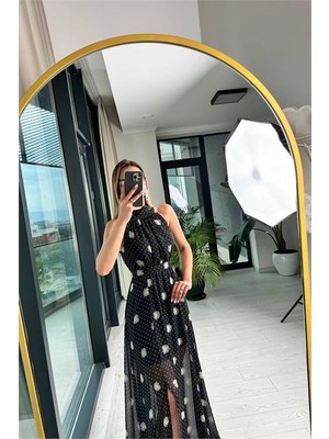 Dip Moda Kadın halter yaka astarlı maxi şifon elbise DPMY3242