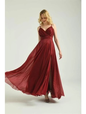 Dip Moda Kadın Askılı Yırtmaç Detaylı Simli Uzun Abiye Elbise DPS9276