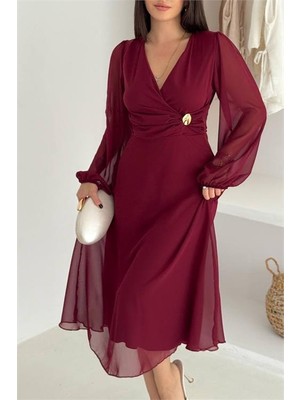 Dip Moda Kadın Bel Büzgülü Tokalı Midi Şifon Elbise DPK4329