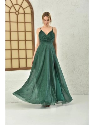 Dip Moda Kadın Askılı Yırtmaç Detaylı Simli Uzun Abiye Elbise DPS9276