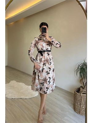 Dip Moda Kadın çiçek desenli gömlek yaka kemerli elbise DPNM011