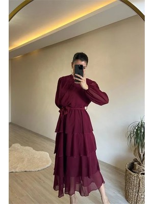Dip Moda Kadın volanlı katkat şifon kumaş elbise DPNM004