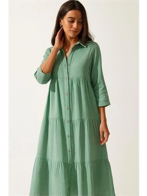Dip Moda kadın mint yeşili müslin pamuklu gömlek elbise RY2060