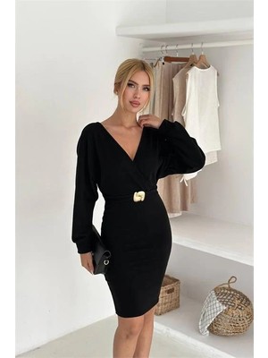 Dip Moda Kadın kemer detaylı v yaka mini elbise DPK4389